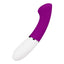 A purple and white app compatible g-spot vibrator with an ergonomically curved shaft lays on a white backdrop.