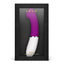 A box by Lelo stands on a white backdrop with an app compatible purple and white g-spot vibrator on it. 