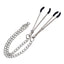 A pair of silver nipple clamps lay flat on a white backdrop with a tugable chain. 