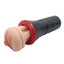 A manual stroker in a black and red case lays on a white backdrop with a realistically sculpted vulva and fleshy lips.