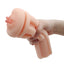 A hand model holds a realistic vagina manual stroker showcasing its textured sleeve.