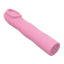 A mini ridged ring pink vibrator lays flat on a white backdrop with a lightly bulbous, wavy body shape. 