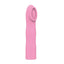 A mini pink vibrator stands against a white backdrop with a raised ring-like ridge on the tip. 