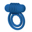 A silicone blue vibrating cock and ball ring with a dual ring design.