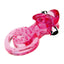 A clear pink vibrating clitoral licking cock and ball ring with a stretchy dual ring design. 