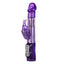 A purple rabbit vibrator with rotating beads stands against a white backdrop with a jelly-soft phallic head.