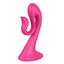 A pink ergonomically designed curved rabbit dildo with a single power button on its base stands on a white backdrop.