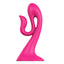 A pink ergonomically designed vibrating rabbit dildo stands on a white backdrop with a curved shaft. 