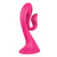 A pink ergonomically designed curved rabbit dildo with a flexible external arm stands on a white backdrop.