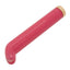 A pink glassy g-spot vibrator lays flat on a white backdrop and features an angled tip.