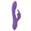 A purple silicone rabbit vibrator stands on a white backdrop and features a ribbed texture. 