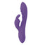 A purple silicone rabbit vibrator stands on a white backdrop and features flickering rabbit ears on the external clitoral arm. 