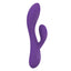 A purple silicone rabbit vibrator stands on a white backdrop and showcases its rounded external arm. 