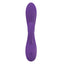 A purple silicone rabbit vibrator stands on a white backdrop with a single power button on its base handle. 