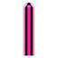 A magenta pink metallic vibrator with a rounded tip stands on a white backdrop.