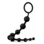 Black silicone anal beads lay on a white backdrop with a ring-shaped base.