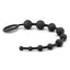 Black silicone anal beads lay flat on a white backdrop with an easy to remove pull-ring. 