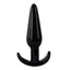 A black jelly anal plug stands on a white backdrop with a tapered tip.