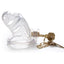 A clear resin cock cage lays flat on a white backdrop with 2 gold keys. 