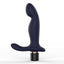 A navy blue silicone vibrating prostate stimulator stands on a white backdrop with an L-shaped design.