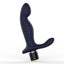 A navy blue L-shaped prostate stimulator with a one button push control on the base.