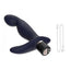 A navy blue L-shaped prostate stimulator lays flat next to its charging cord.