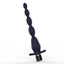 A navy blue vibrating silicone anal bead stick stands on a white backdrop with slim elongated beads on a shaft.