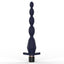 Navy blue anal beads with a t-shaped base stands on a white backdrop. 