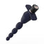 Base view of navy blue anal beads showcases its stopper base with a single push power button on it.