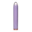 A purple glassy vibrator with a tapered tip stands against a white backdrop. 