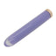 A purple vibrator lays flat on a white backdrop with a glassy finish. 