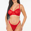 A model wears a sheer mesh red diamante bra and thong set with mini rhinestone crystals dotted all over. 