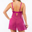 Back view of a model wearing a magenta pink sheer babydoll with a g-string showcasing adjustable shoulder straps. 