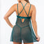 Back view of a model wearing a green sheer babydoll with a g-string showcasing adjustable shoulder straps. 