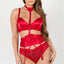 A model wears a red satin bra and panty with a corset-style waist cincher and collared neck piece. 