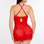 Back view of a model wearing a red sheer chemise with criss-cross adjustable shoulder straps. 