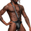 A male model wears a black wet look leather thong harness with v-shaped suspenders. 