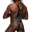 Back view of a male model wearing a black wet look thong harness with adjustable shoulder straps and hips straps.