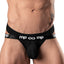 A male model wears a black strappy thong with a dual-strap waistband. 