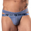 A male model wears a blue strappy thong with a dual-strap waistband. 