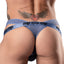 Back view of a male model wearing a blue strapy thong with contrast-stitched infinity symbol and logo across the strap.