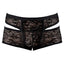 A pair of black sheer lace shorts lay flat on a white backdrop with cutouts at the hips and rear.  