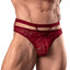 A male model wears a red sheer lace thong with a swirling lace pattern. 