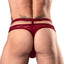 Back view of a male model wearing a red lace thong with a slim cutout all the way around the waistband.