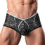 A male model wears a pair of mini briefs with a marble print in black and grey.