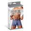 A box by Male Power stands on a white backdrop with a male model on it wearing a pair of strappy blue briefs.