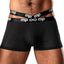 A male model wears a pair of black briefs with dual slimming waistbands. 