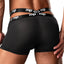 Back view of a male model wearing a pair of black briefs with the logo and infinity symbol stitched on the waistbands.