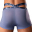 Back view of a male model wearing a pair of blue briefs with the logo and infinity symbol stitched on the waistbands.