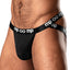 A male model wears a black strappy jock with a seamless pouch.